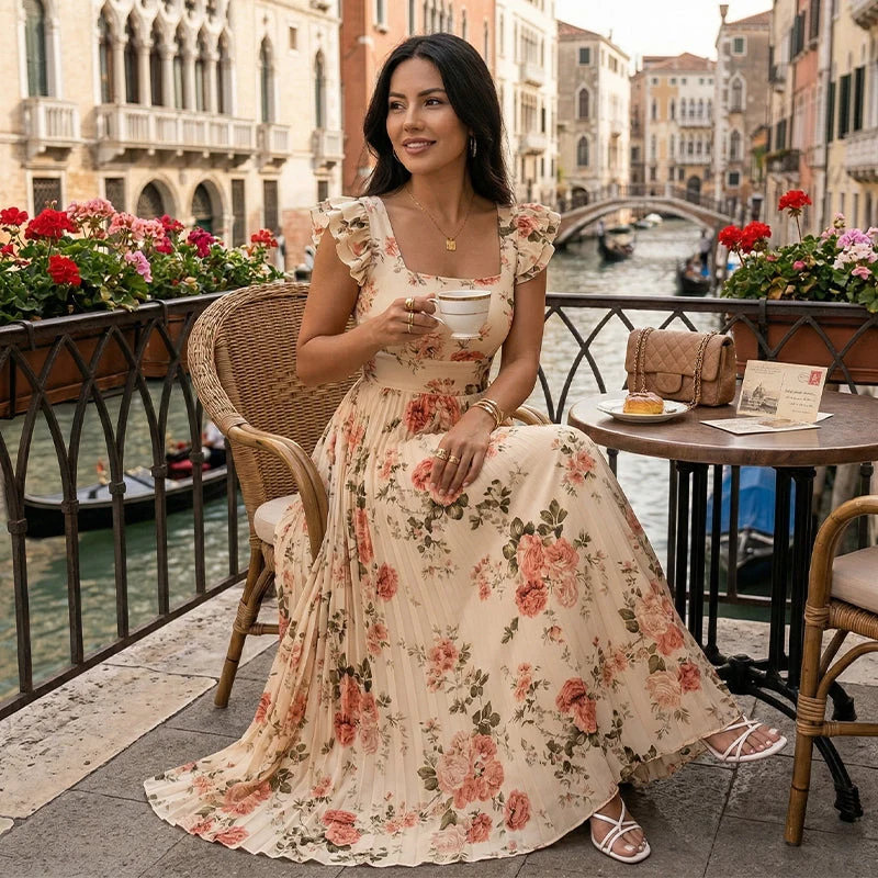 Elvinna | Florales Maxikleid mit Plisseerüschen