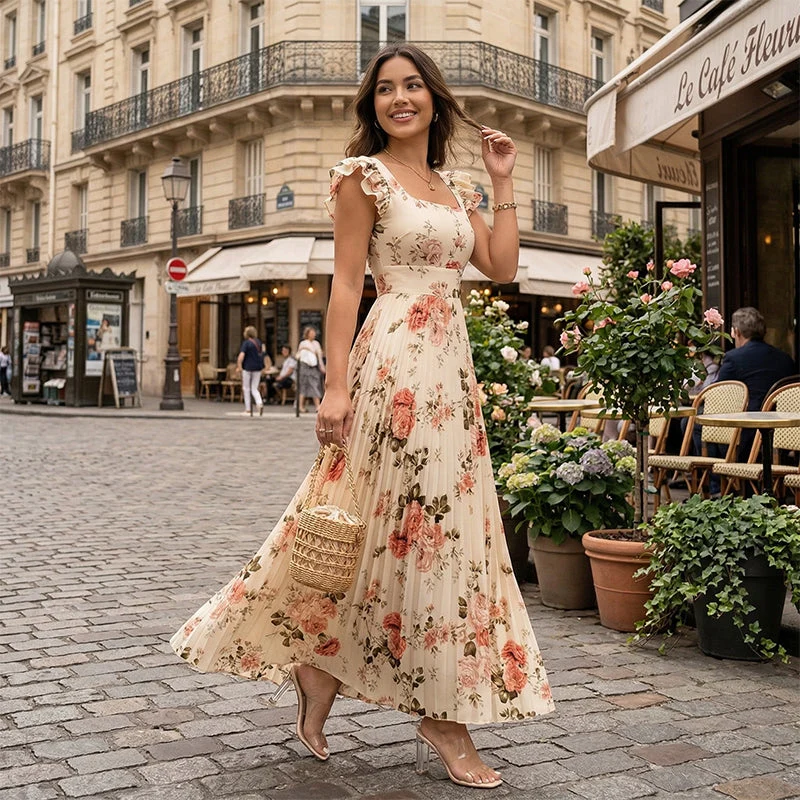Elvinna | Florales Maxikleid mit Plisseerüschen