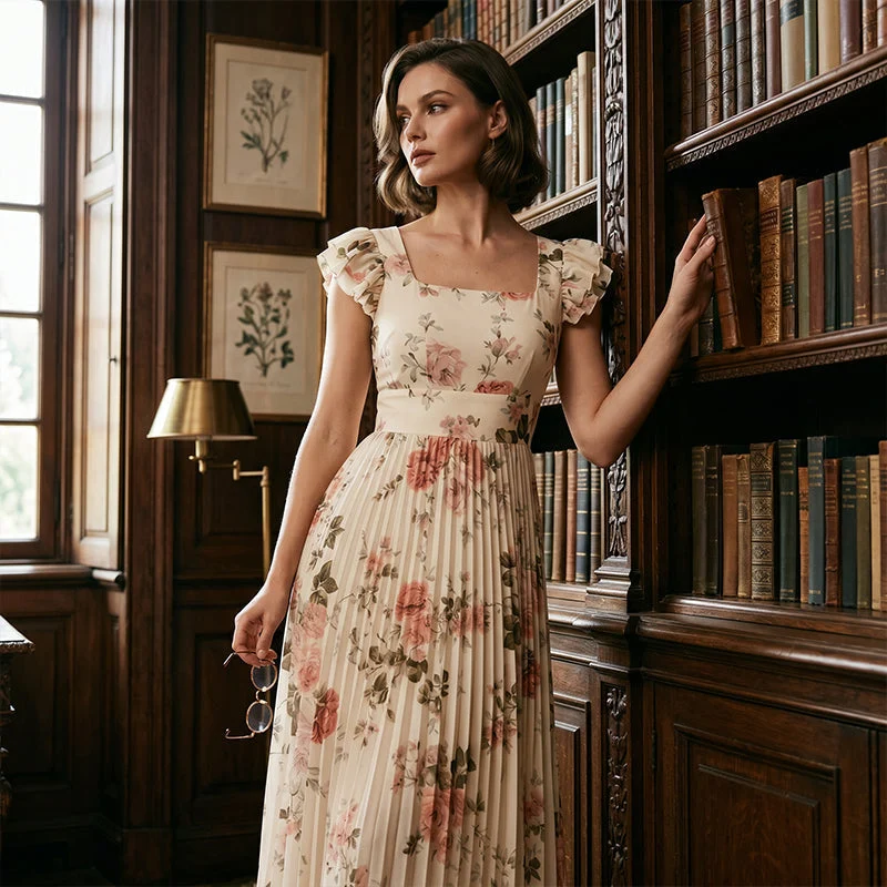 Elvinna | Florales Maxikleid mit Plisseerüschen