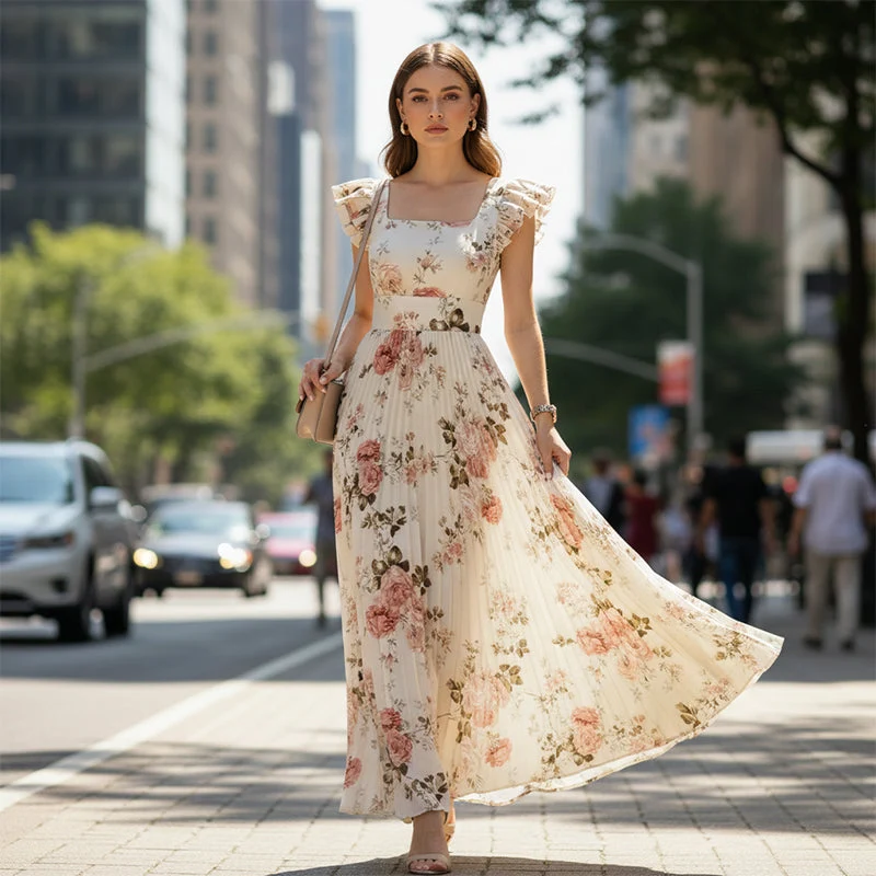 Elvinna | Florales Maxikleid mit Plisseerüschen