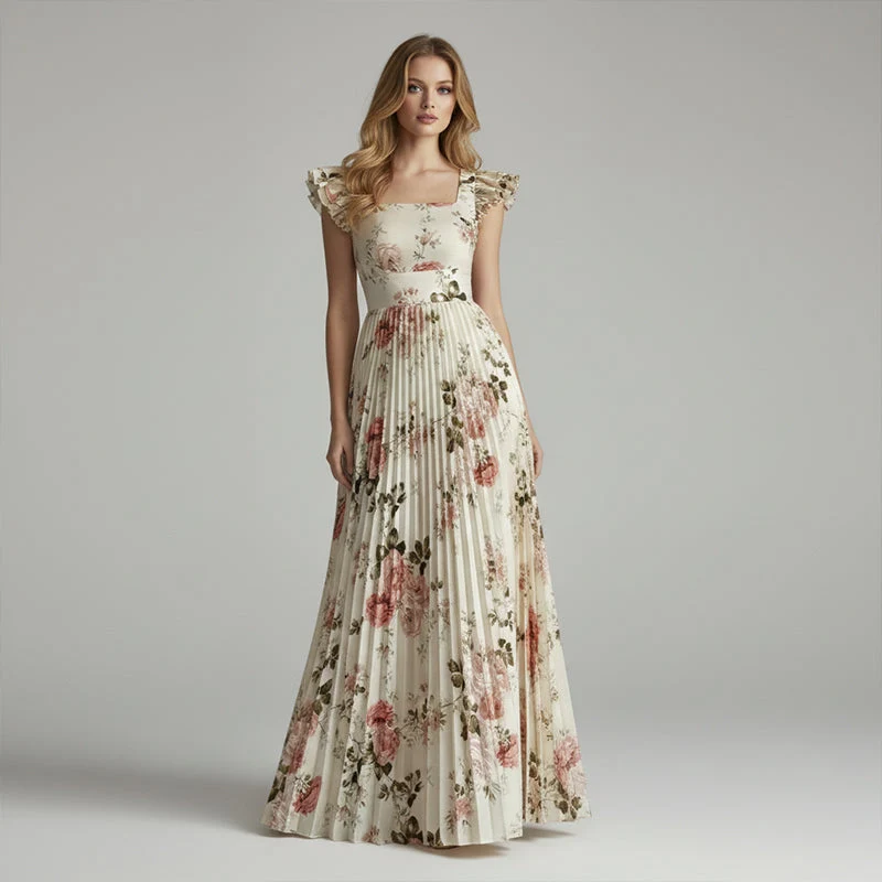Elvinna | Florales Maxikleid mit Plisseerüschen