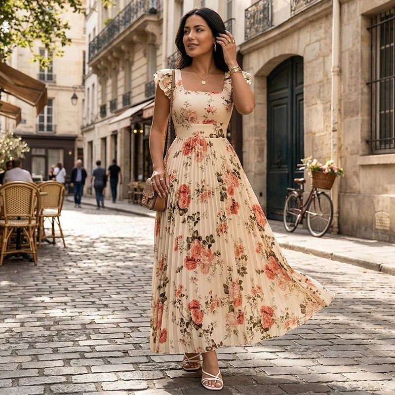 Elvinna | Florales Maxikleid mit Plisseerüschen