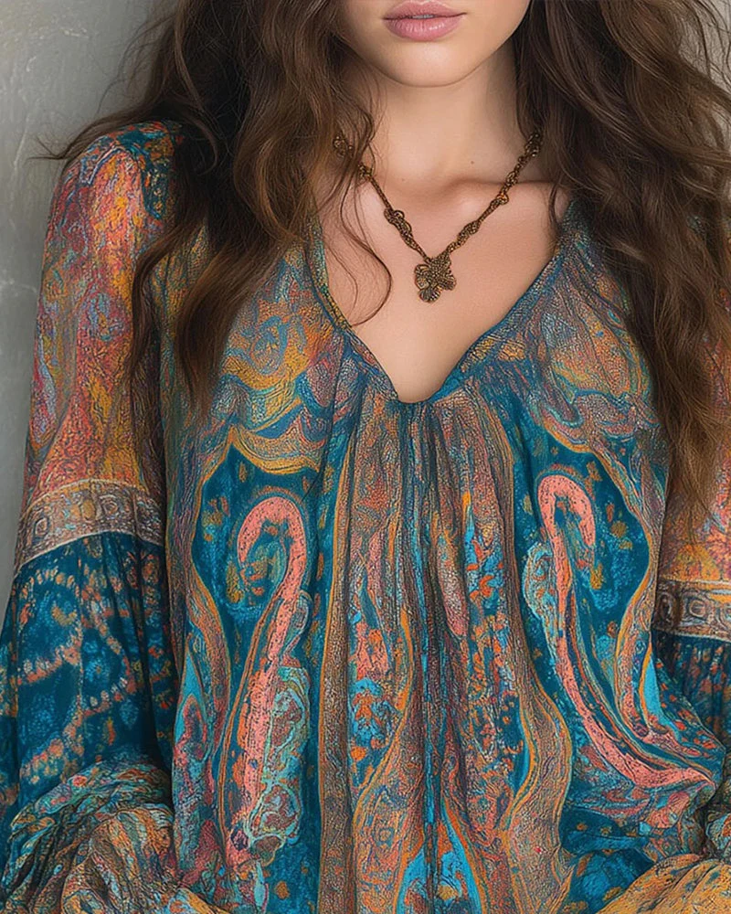 Lindena | Paisley-Bluse mit V-Ausschnitt und weitem Ärmel