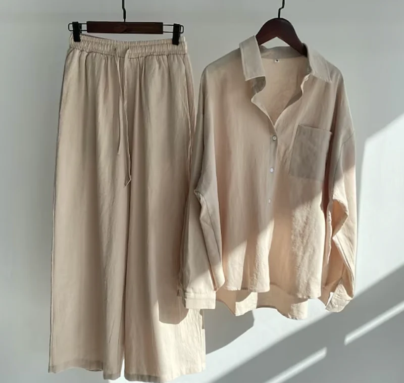 Erlema | Weiches Damen-Set mit Knopfbluse und weitem Bein