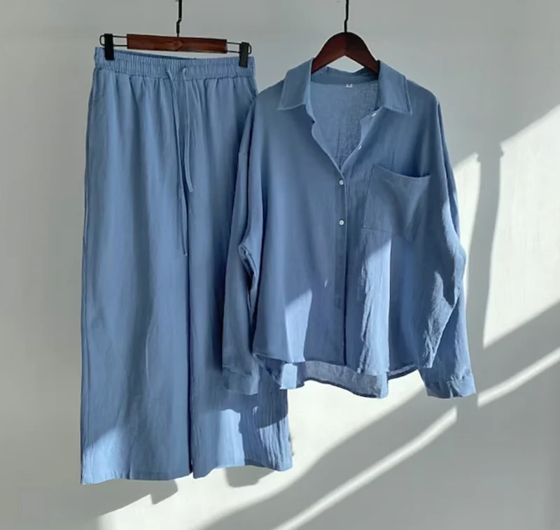 Erlema | Weiches Damen-Set mit Knopfbluse und weitem Bein