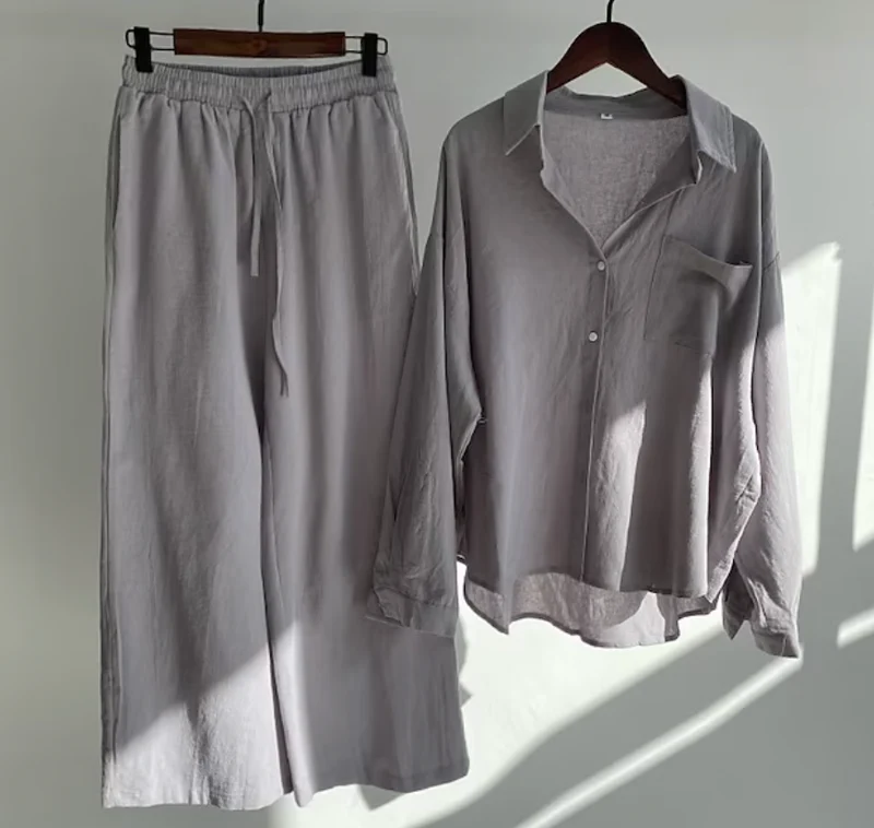 Erlema | Weiches Damen-Set mit Knopfbluse und weitem Bein