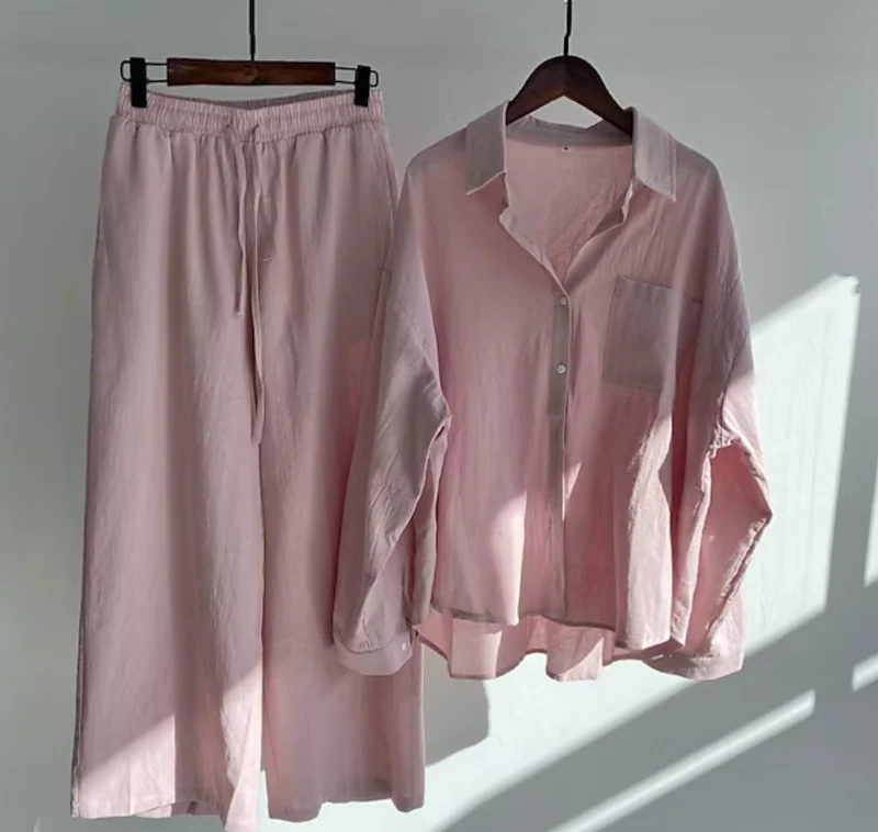 Erlema | Weiches Damen-Set mit Knopfbluse und weitem Bein