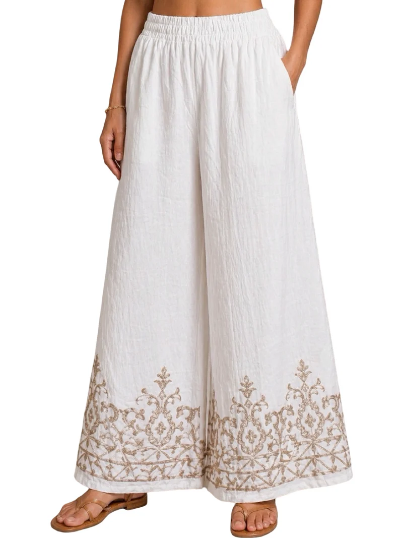 Mymira | Leinen-Zweiteiler mit Stickerei und weiter Hose