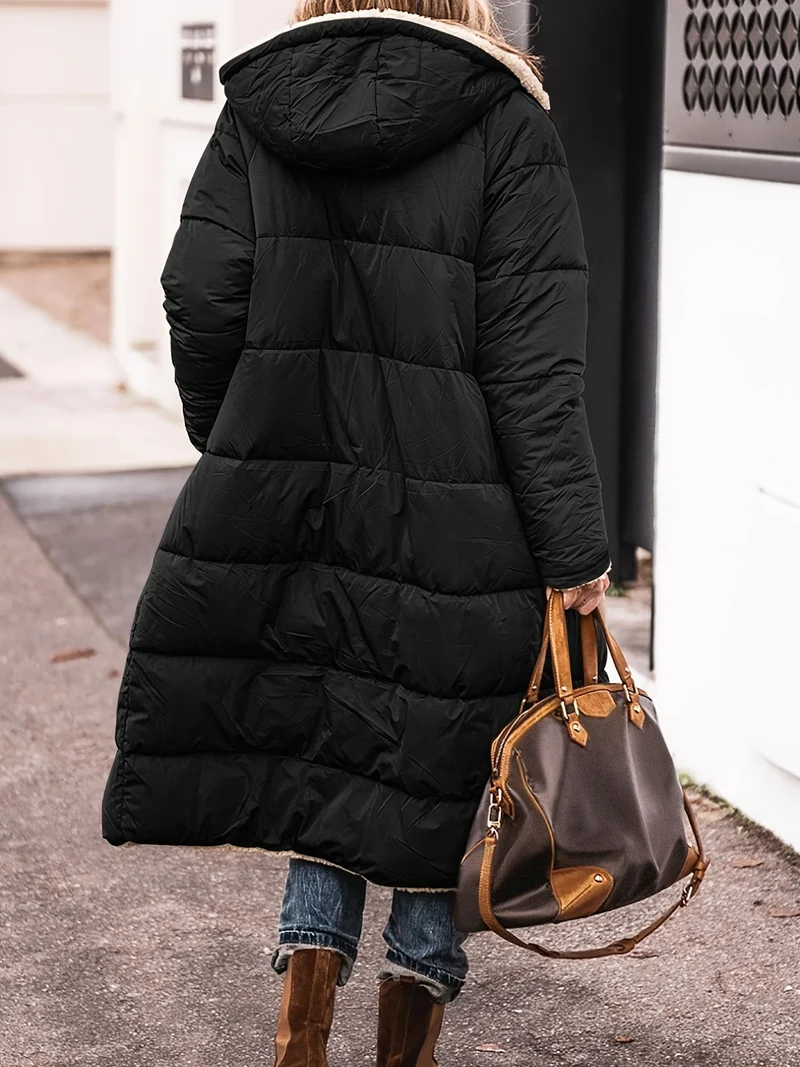 Steppmantel Damen Lang mit Teddyfutter und Kapuze