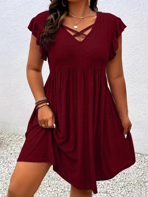 Dunizy | Einfarbiges Kleid mit gekreuztem V-Ausschnitt