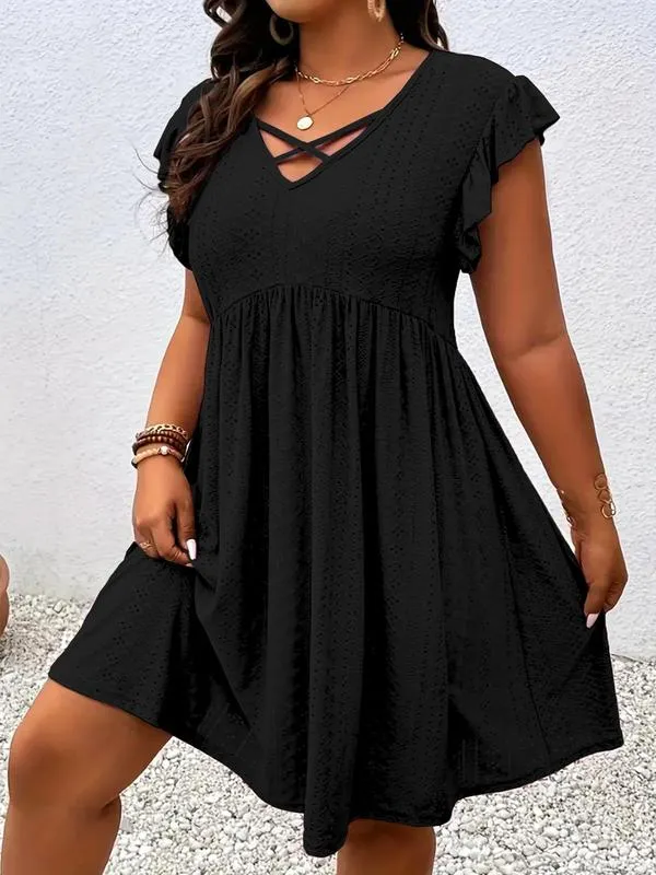 Dunizy | Einfarbiges Kleid mit gekreuztem V-Ausschnitt
