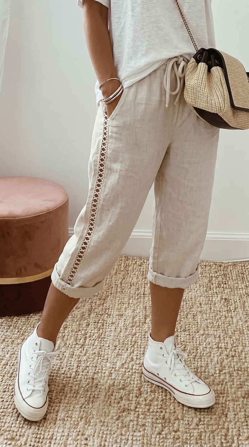 Mariele | Luftige Damen-Caprihose mit dekorativer Spitze