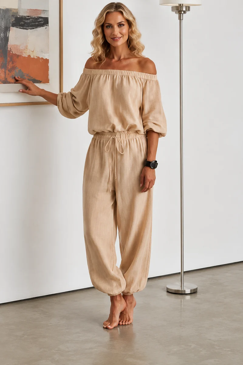 Felizitas | Lässiger schulterfreier Jumpsuit mit Taschen