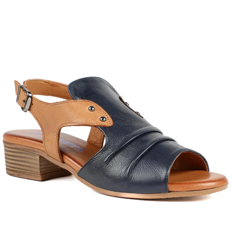 Leather Two Tone Block Heel Sandals - AZURA43007 / 329 125 - Navy Tan