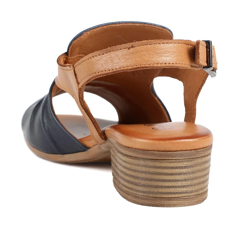 Leather Two Tone Block Heel Sandals - AZURA43007 / 329 125 - Navy Tan