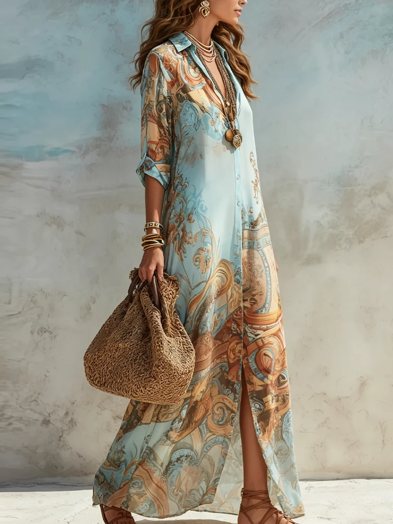 Rossana | Boho-Maxikleid mit Knopfleiste und luxuriösem Muster