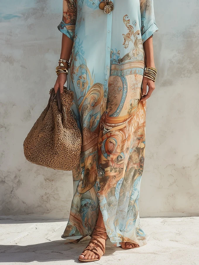 Rossana | Boho-Maxikleid mit Knopfleiste und luxuriösem Muster