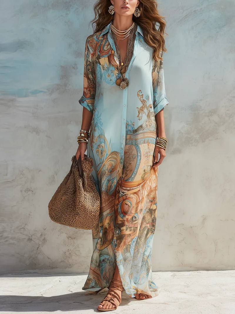 Rossana | Boho-Maxikleid mit Knopfleiste und luxuriösem Muster