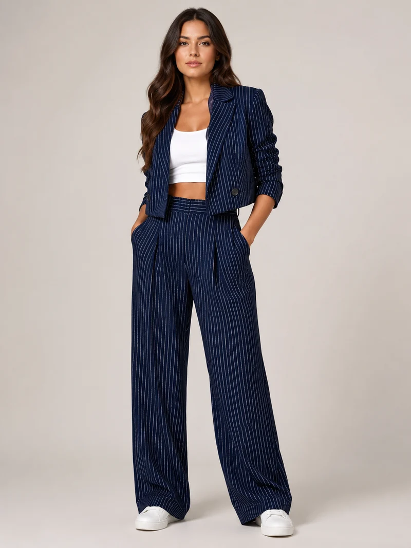 Hosenanzug Damen Nadelstreifen mit Cropped Blazer
