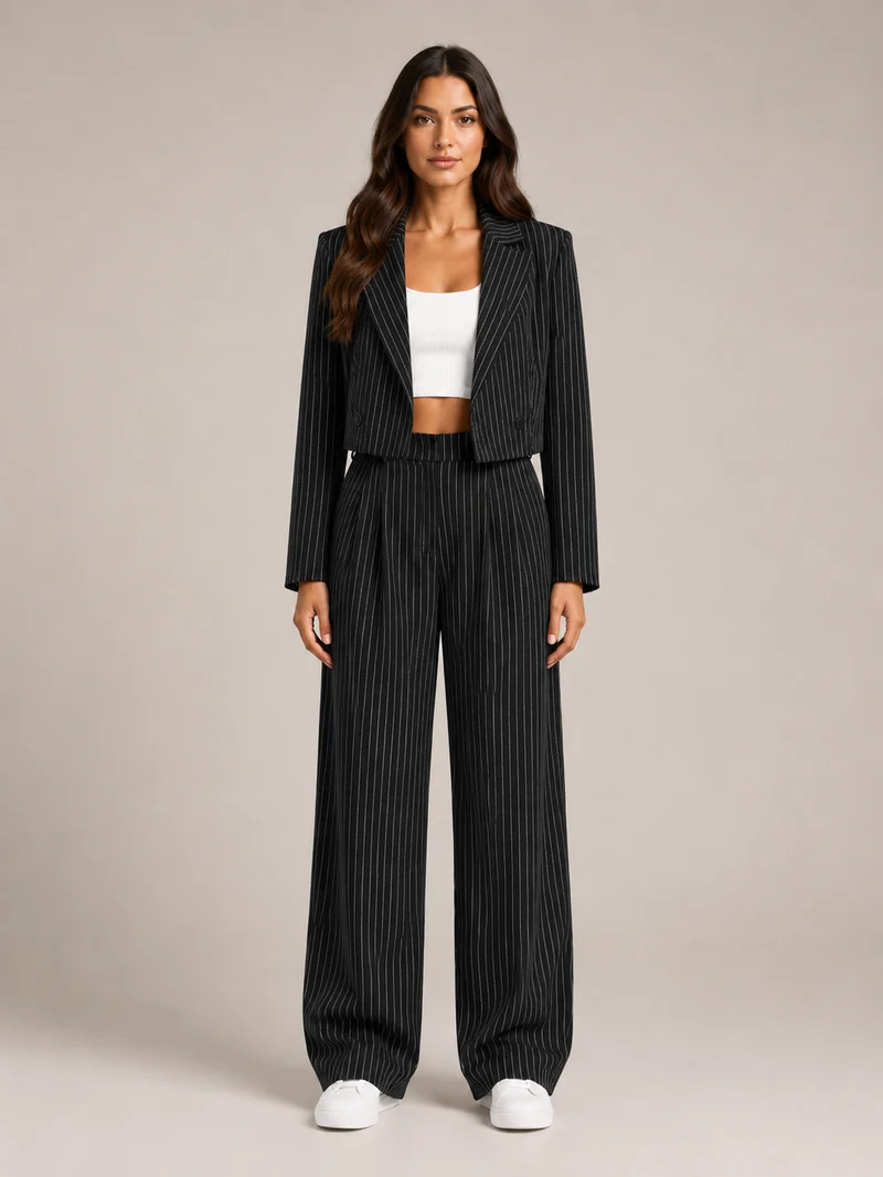 Hosenanzug Damen Nadelstreifen mit Cropped Blazer