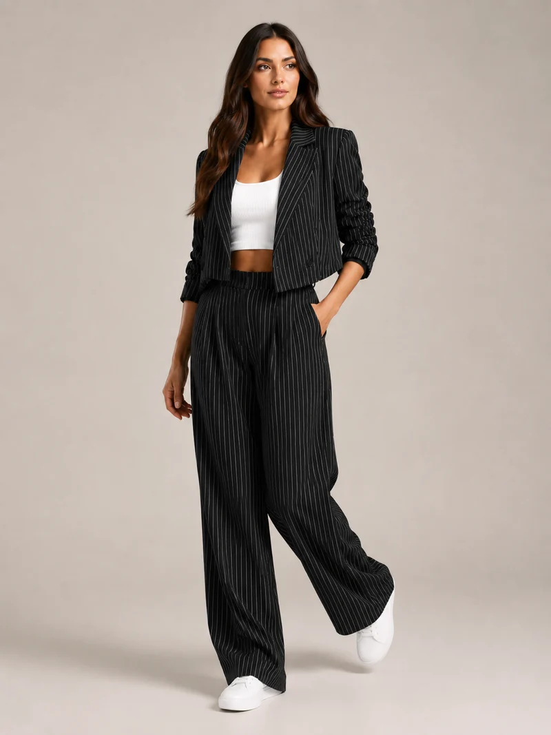 Hosenanzug Damen Nadelstreifen mit Cropped Blazer