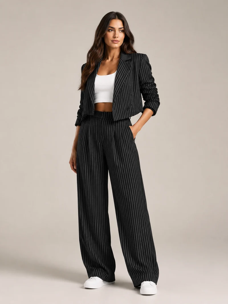 Hosenanzug Damen Nadelstreifen mit Cropped Blazer