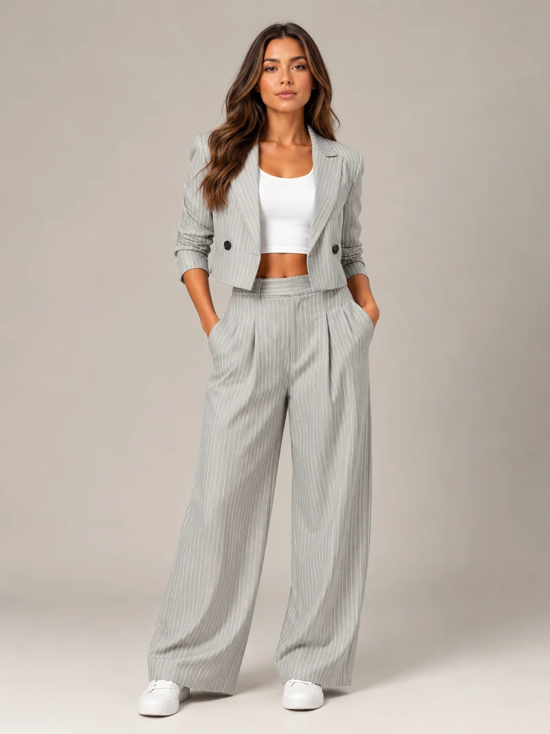 Hosenanzug Damen Nadelstreifen mit Cropped Blazer