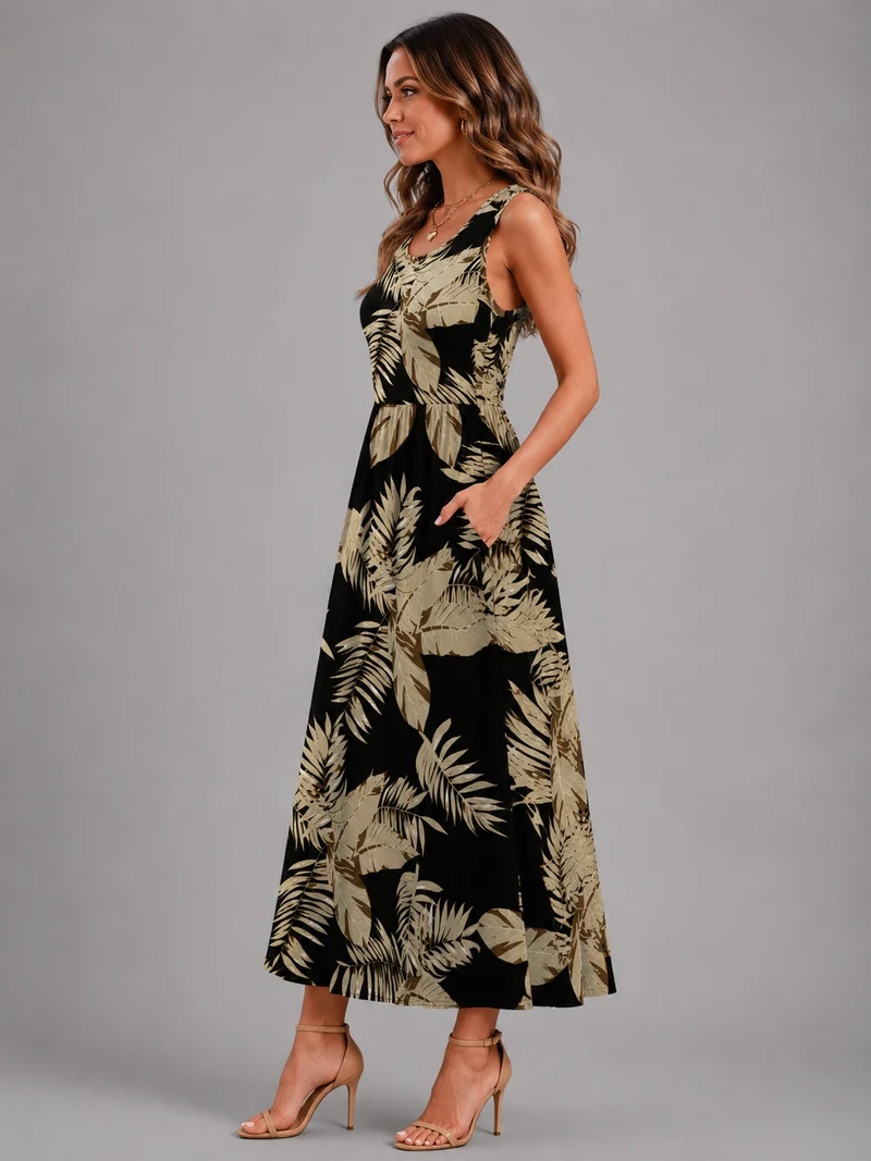 Franica | Boho-Maxikleid mit tropischem Blattmuster