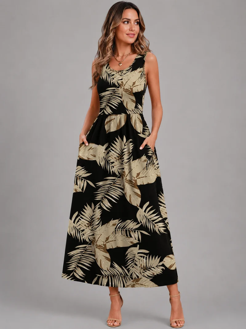 Franica | Boho-Maxikleid mit tropischem Blattmuster