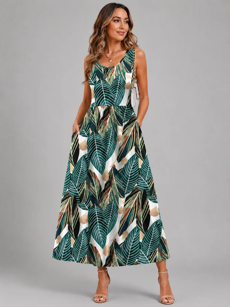 Franica | Boho-Maxikleid mit tropischem Blattmuster