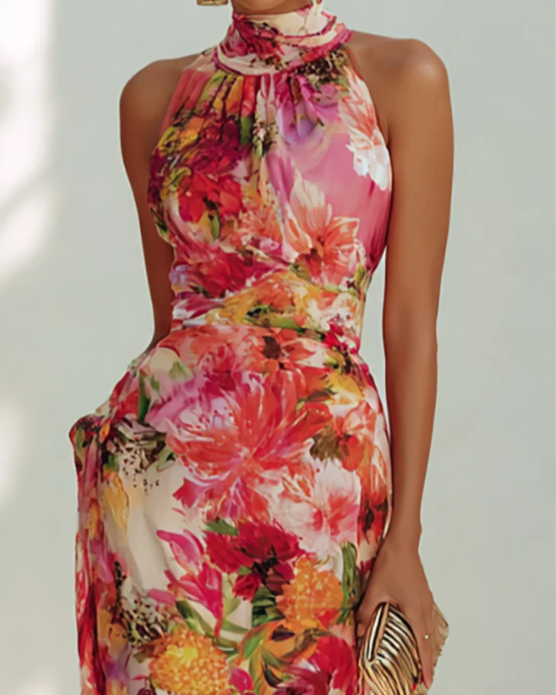 Daniefa | Florales Maxikleid mit Neckholder-Ausschnitt