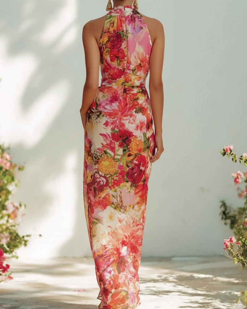 Daniefa | Florales Maxikleid mit Neckholder-Ausschnitt