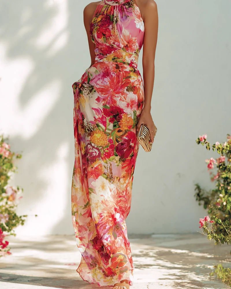 Daniefa | Florales Maxikleid mit Neckholder-Ausschnitt