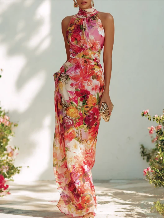 Daniefa | Florales Maxikleid mit Neckholder-Ausschnitt