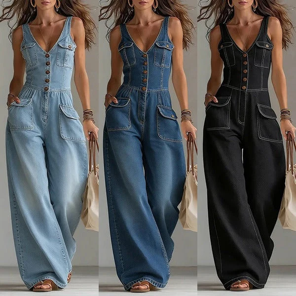 Salmae | Ärmelloser Denim-Jumpsuit mit Knopfleiste