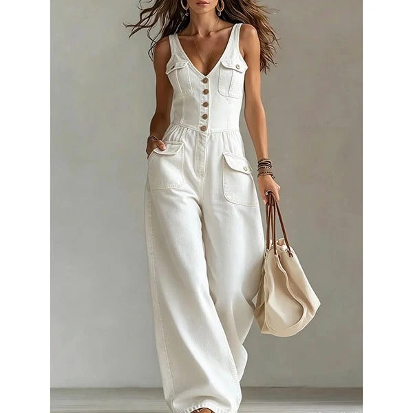 Salmae | Ärmelloser Denim-Jumpsuit mit Knopfleiste