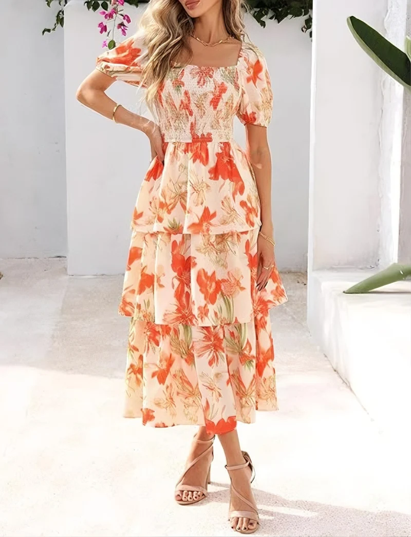 Shemerra | Chiffon-Maxikleid mit floralem Stufen-Design