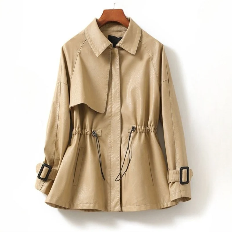 Übergangsjacke Damen aus Leder mit Taillenzug