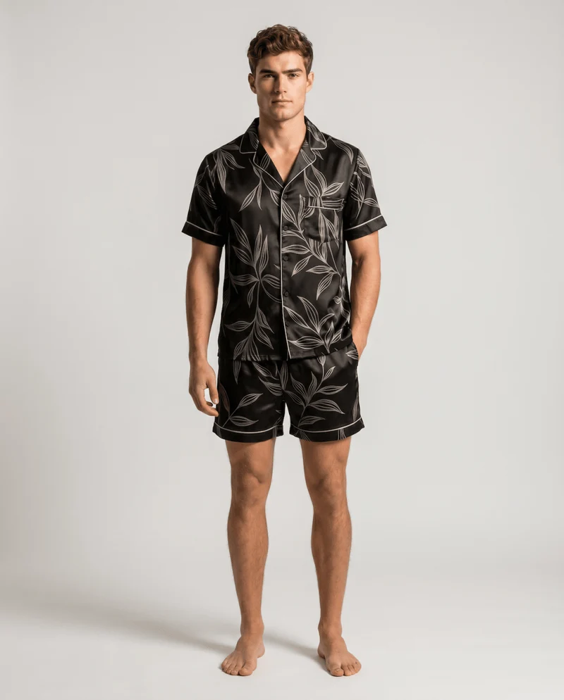 Herren Schlafanzug kurz gemustert mit Hemd und Shorts