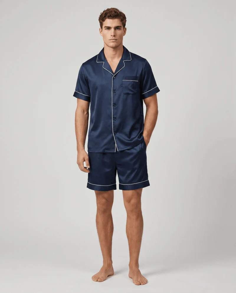 Herren Schlafanzug kurz gemustert mit Hemd und Shorts