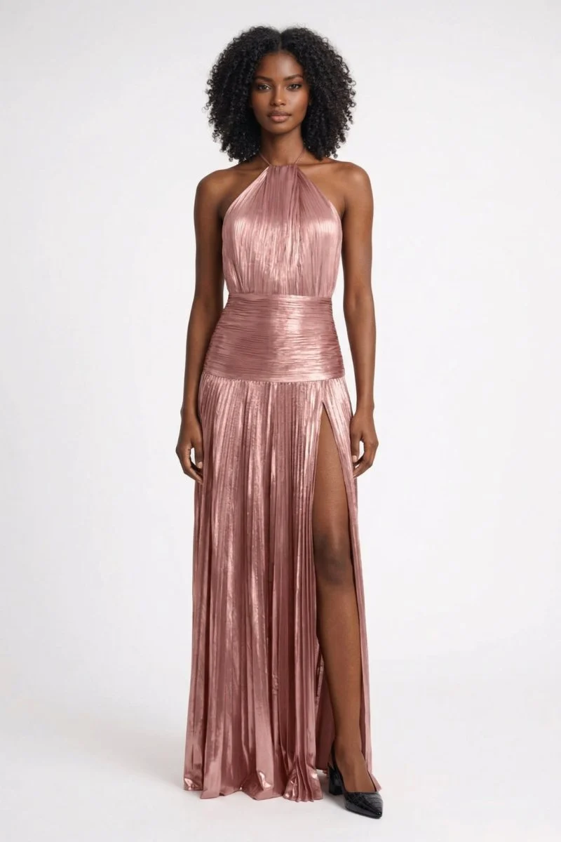 Maxi Abendkleid mit Schlitz und Halterneck