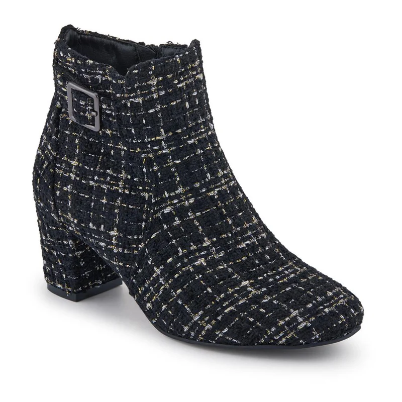 Patterned Block Heel Buckle Ankle Boots - WBINS38090 / 324 214 - Black Tweed