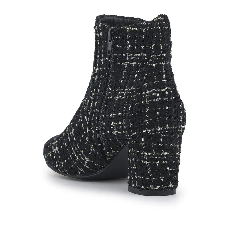 Patterned Block Heel Buckle Ankle Boots - WBINS38090 / 324 214 - Black Tweed
