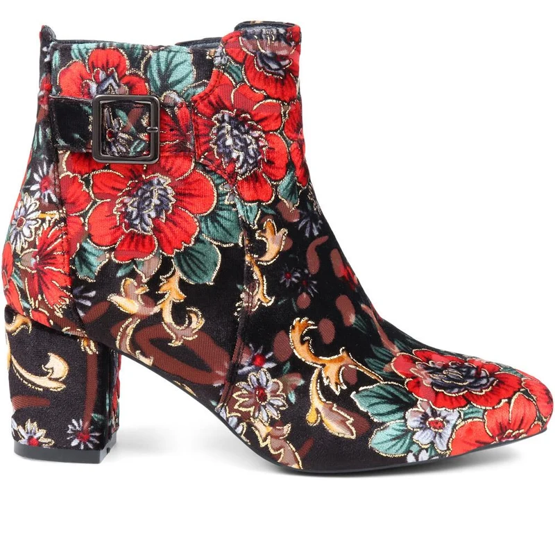 Patterned Block Heel Buckle Ankle Boots - WBINS38090 / 324 214 - Floral