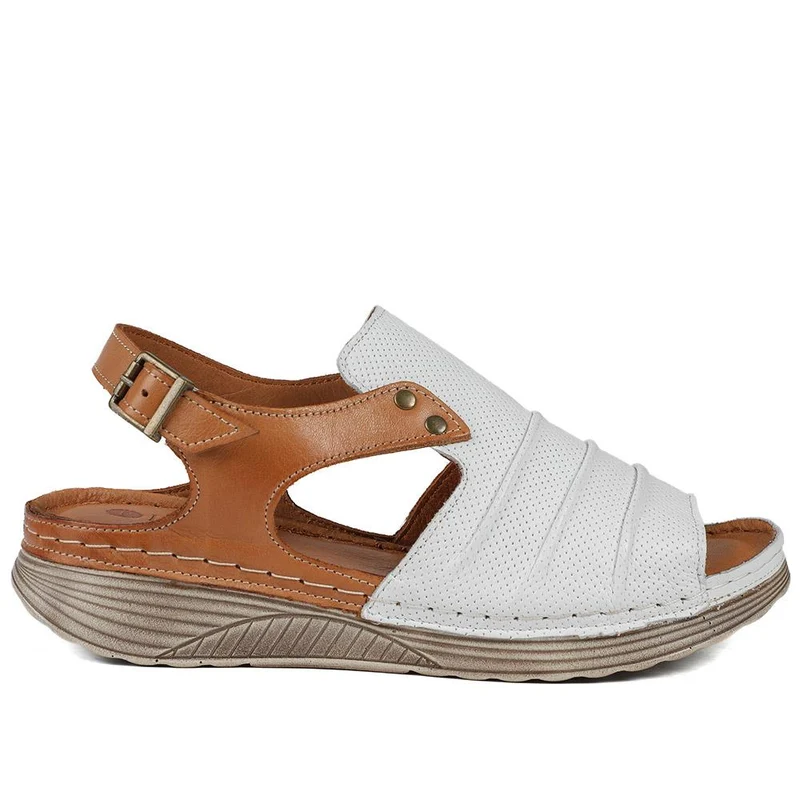 Leather Wedge-Heeled Sandals - VITAS41001 / 327 604 - White-Tan