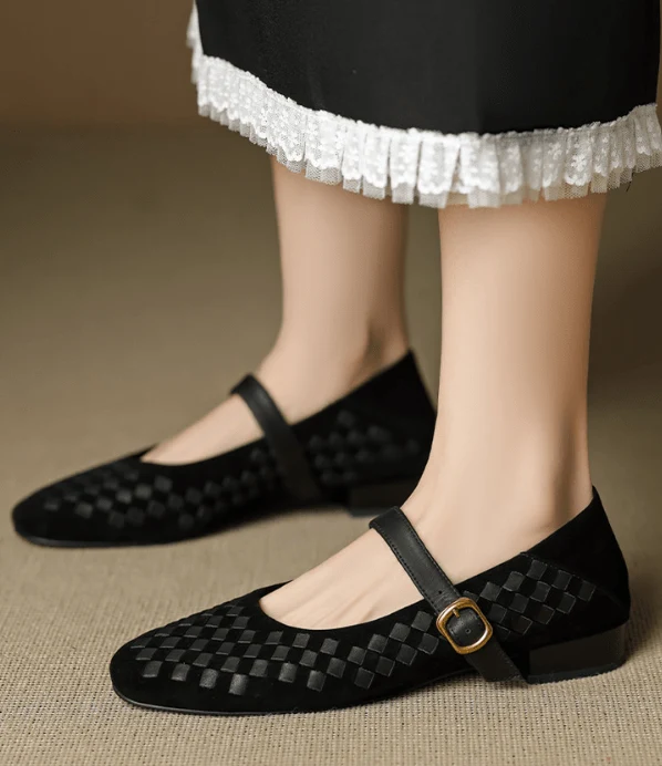 Mary Jane Ballerinas Damen geflochten mit Riemen