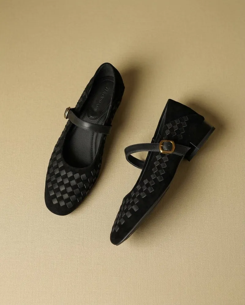Mary Jane Ballerinas Damen geflochten mit Riemen