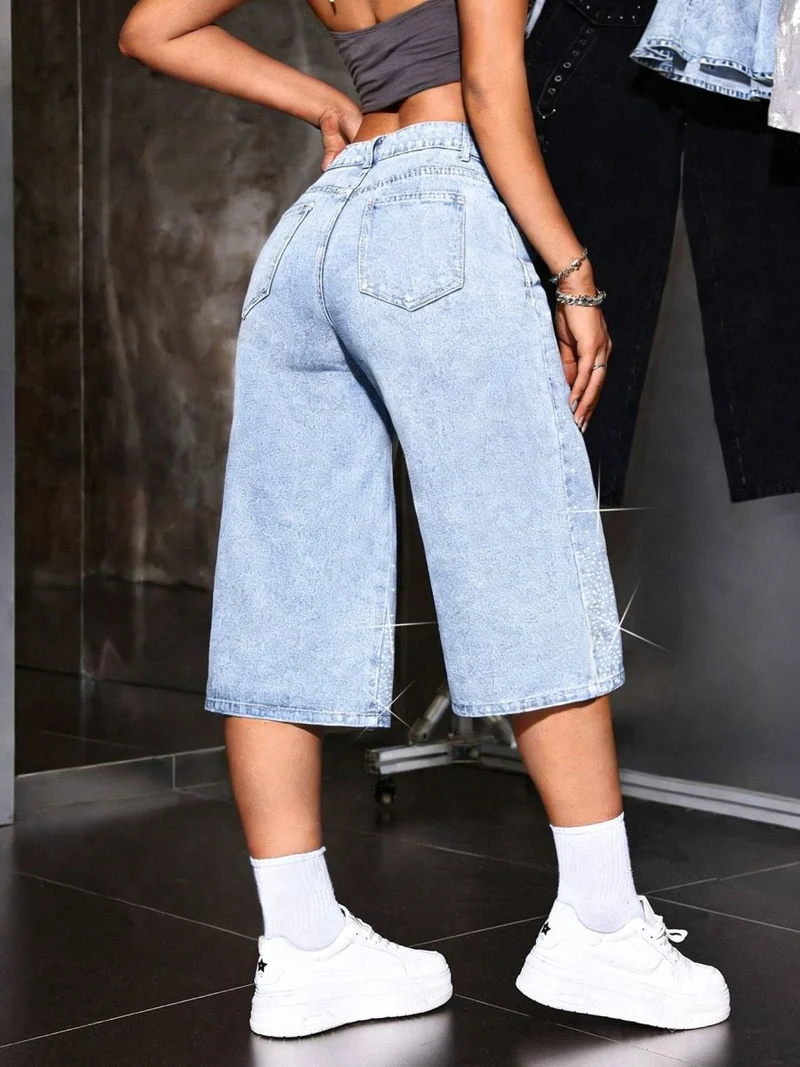 Bermuda Shorts Damen High Waist mit Strass