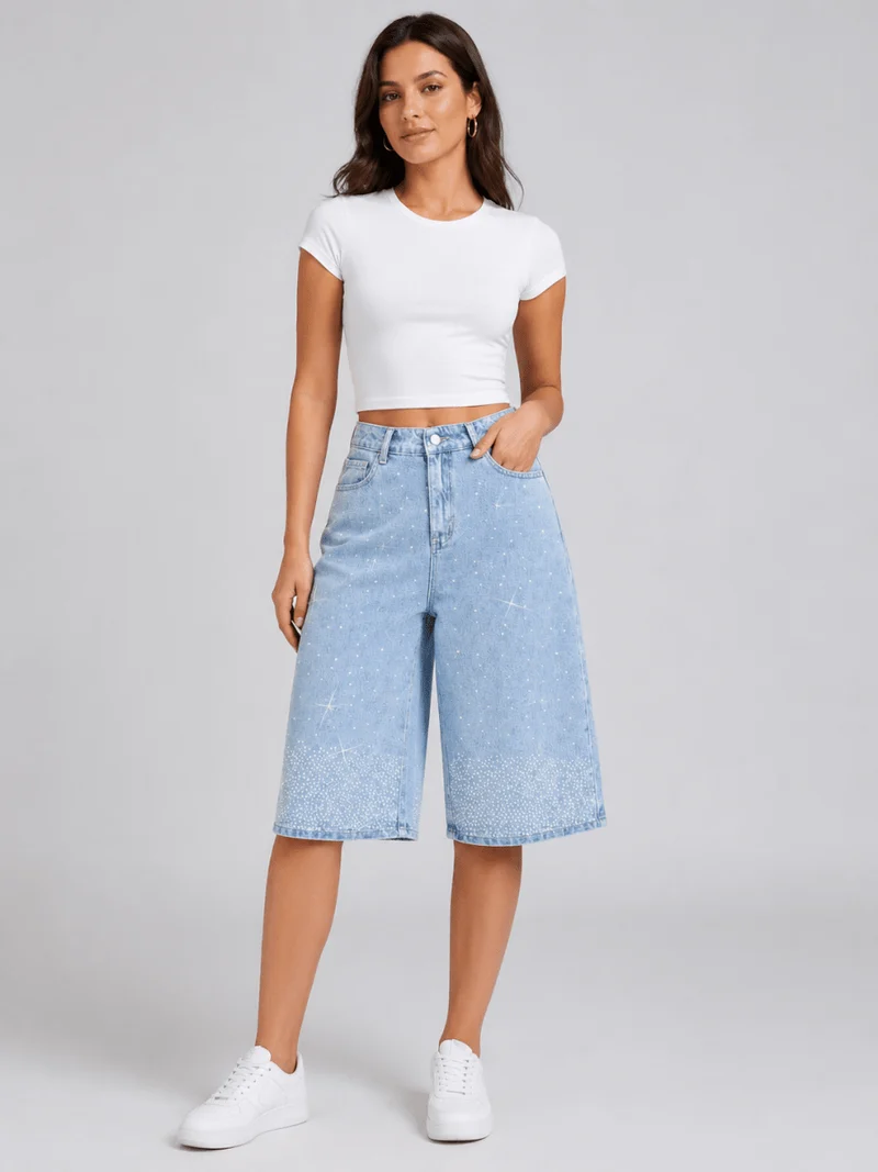 Bermuda Shorts Damen High Waist mit Strass