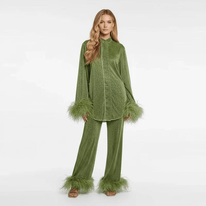 Damen Zweiteiler mit Hose und Federdetails
